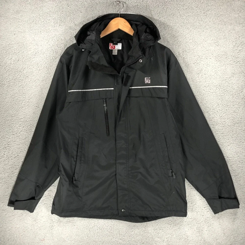 Chick-fil-A Oobe Mens Medium Black Ripstop Hooded Rain Jacket Reflective Uniform
